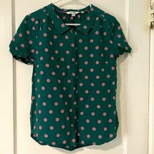 Boden Green Purple Polka Dot Silk Top 6 Button Down